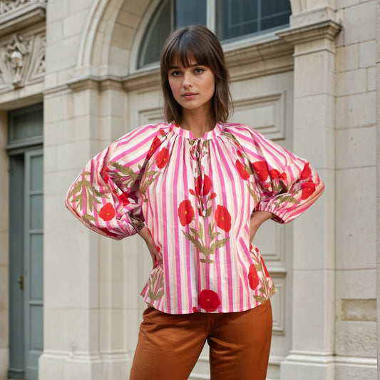 Blouse Bohème à motifs floraux et rayures | Akola